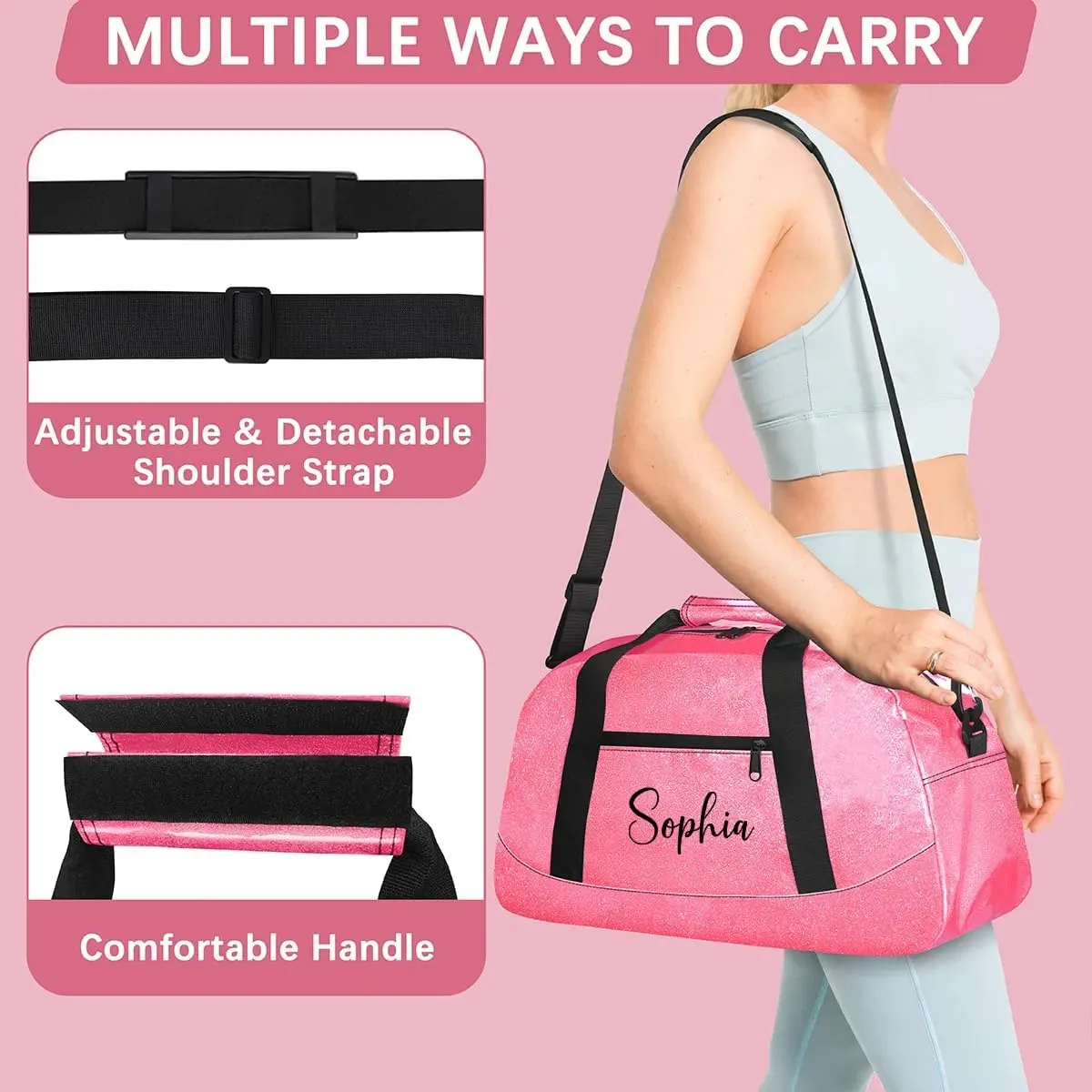 Personalized Duffel Bags for Kids Small Gym Bag Luggage Bag for Women Glitter Dance Tote Bag for Girls Glitter Pink Duffel Bags Overnight Bag for Girls