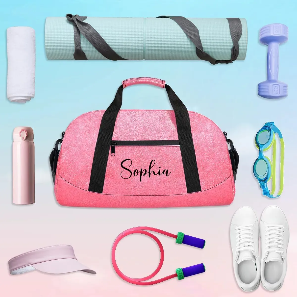 Personalized Duffel Bags for Kids Small Gym Bag Luggage Bag for Women Glitter Dance Tote Bag for Girls Glitter Pink Duffel Bags Overnight Bag for Girls