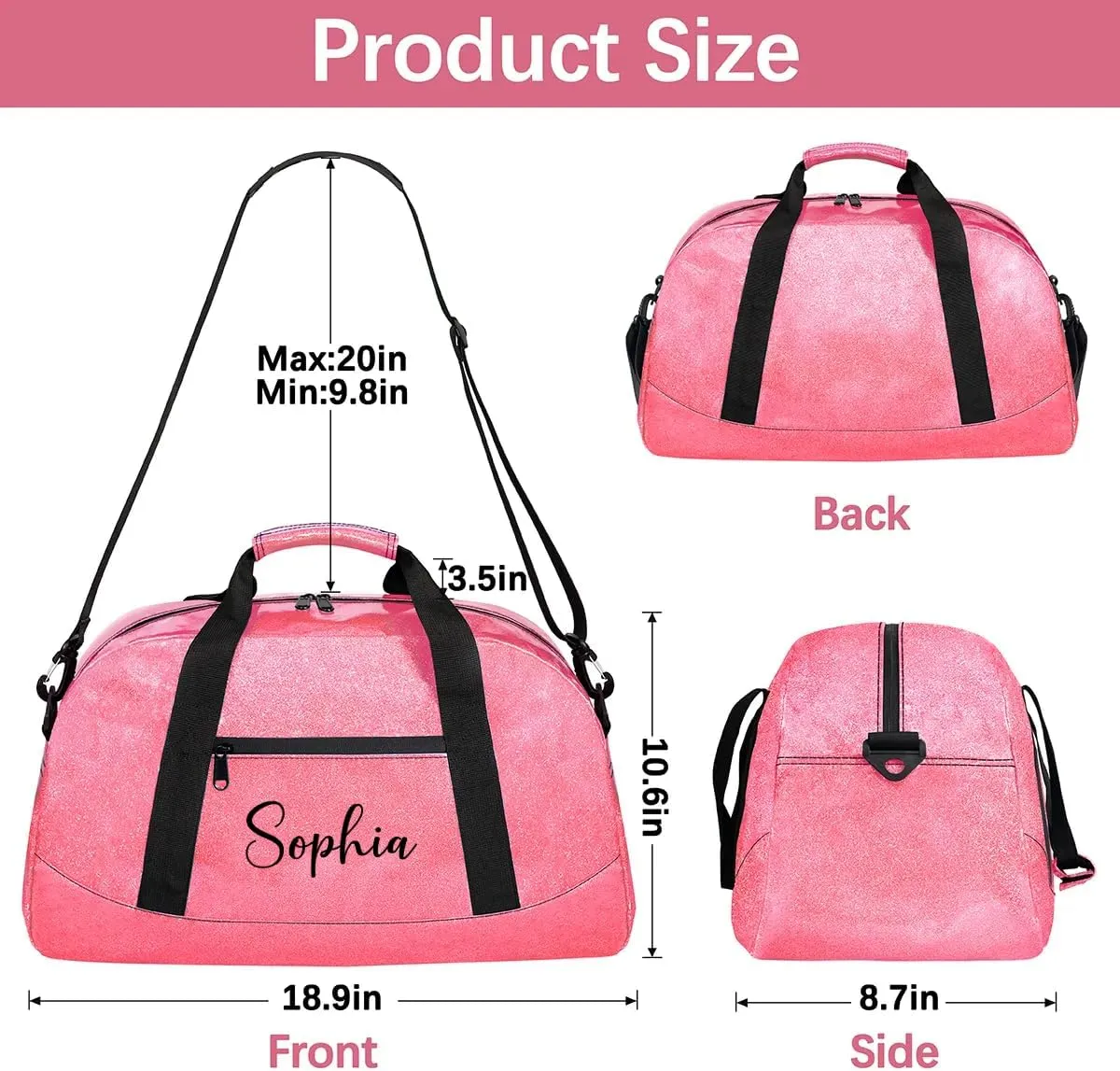 Personalized Duffel Bags for Kids Small Gym Bag Luggage Bag for Women Glitter Dance Tote Bag for Girls Glitter Pink Duffel Bags Overnight Bag for Girls