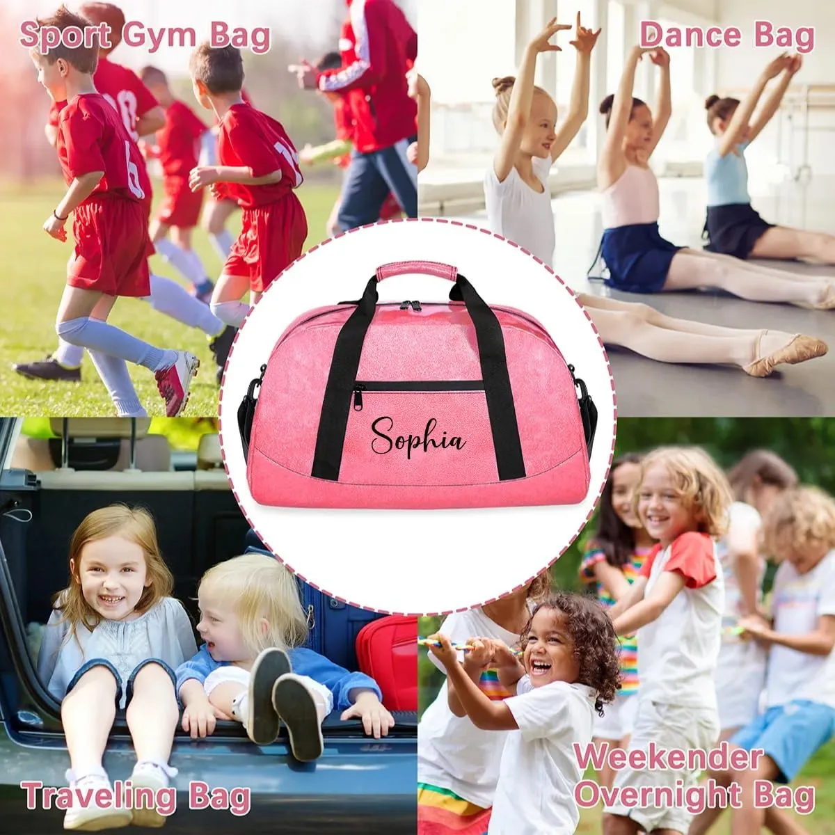 Personalized Duffel Bags for Kids Small Gym Bag Luggage Bag for Women Glitter Dance Tote Bag for Girls Glitter Pink Duffel Bags Overnight Bag for Girls