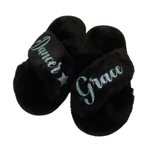 Personalized Girls Slippers for Kids Ages 3 to 10 Years - Non-Skid Soles - Flower Girl Slippers - Slippers for Birthday Parties & More (1-1.5Y (8-9Yrs), Black)