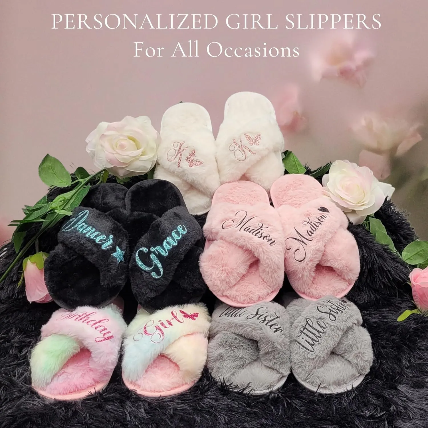 Personalized Girls Slippers for Kids Ages 3 to 10 Years - Non-Skid Soles - Flower Girl Slippers - Slippers for Birthday Parties & More (2.5Y-3Y (9-10Yrs), Multicolor)