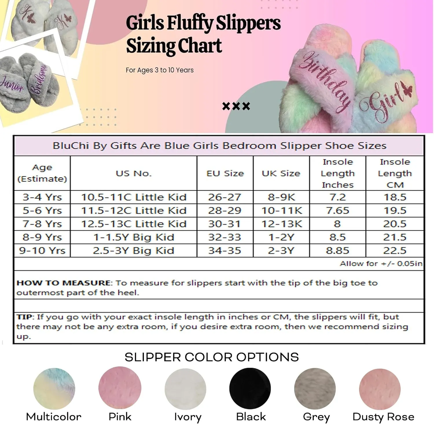 Personalized Girls Slippers for Kids Ages 3 to 10 Years - Non-Skid Soles - Flower Girl Slippers - Slippers for Birthday Parties & More (2.5Y-3Y (9-10Yrs), Multicolor)