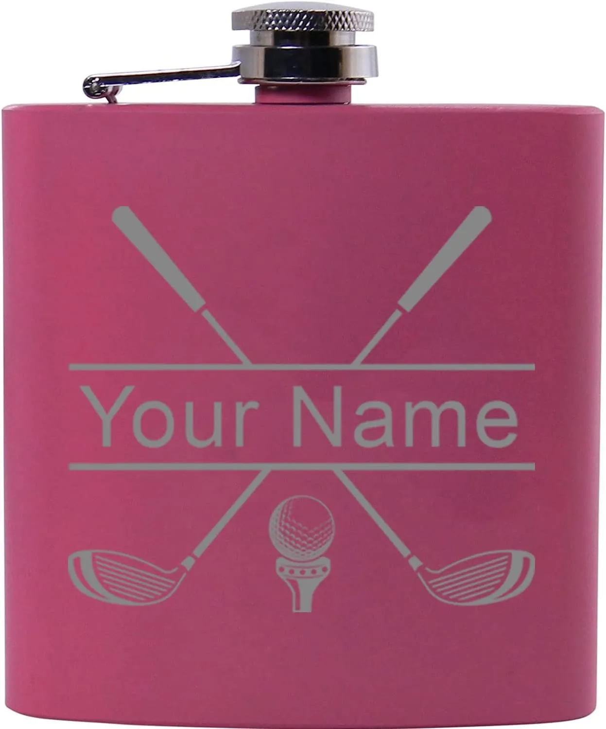 Personalized Golf Club Flask, Funnel, and Presentation Gift Box with Custom Golfing Birdie Juice Hip Stainless Steel Metal Matte 6-Ounce Golf Bag Engraved Flask (Pink)