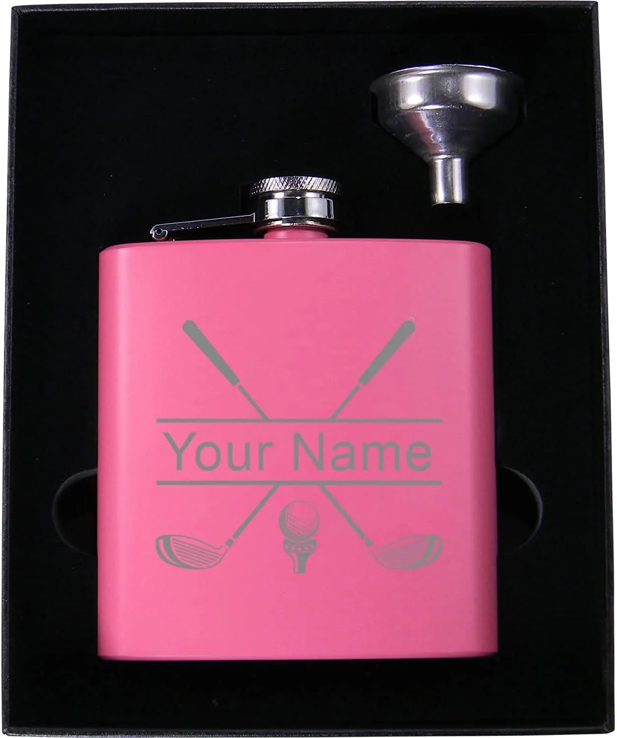Personalized Golf Club Flask, Funnel, and Presentation Gift Box with Custom Golfing Birdie Juice Hip Stainless Steel Metal Matte 6-Ounce Golf Bag Engraved Flask (Pink)
