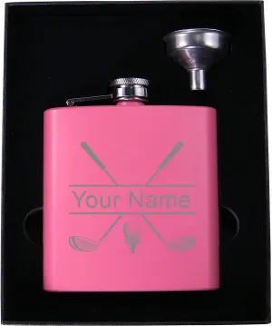 Personalized Golf Club Flask, Funnel, and Presentation Gift Box with Custom Golfing Birdie Juice Hip Stainless Steel Metal Matte 6-Ounce Golf Bag Engraved Flask (Pink)