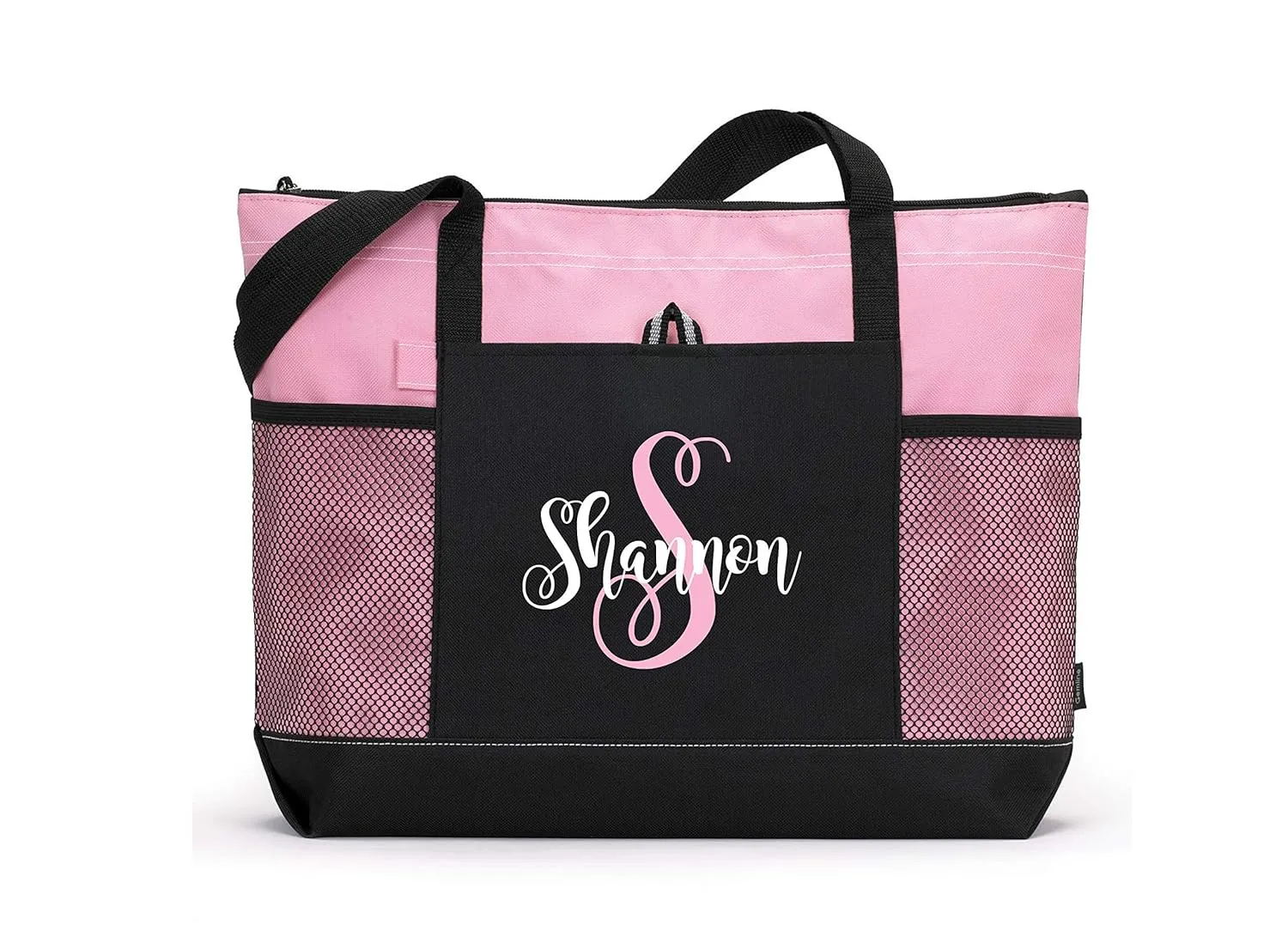 Personalized Monogrammed Pink and Black Zipper Tote