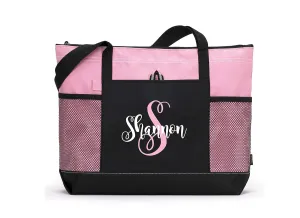Personalized Monogrammed Pink and Black Zipper Tote