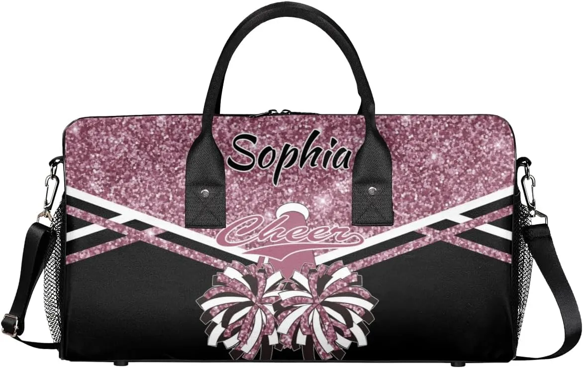 Personalized Name Cheer Duffel Bag for Cheerleaders, Custom Travel Duffle Bag, Custom Sports Bag for Women, Cheerleading Overnight Weekender Bag, Dark Pink Glitter