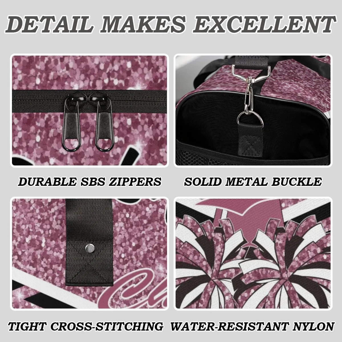 Personalized Name Cheer Duffel Bag for Cheerleaders, Custom Travel Duffle Bag, Custom Sports Bag for Women, Cheerleading Overnight Weekender Bag, Dark Pink Glitter