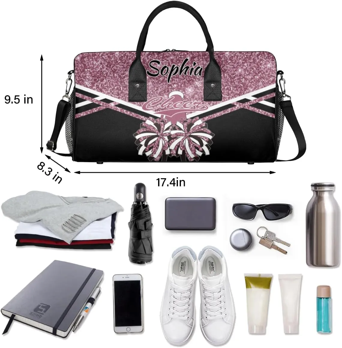 Personalized Name Cheer Duffel Bag for Cheerleaders, Custom Travel Duffle Bag, Custom Sports Bag for Women, Cheerleading Overnight Weekender Bag, Dark Pink Glitter