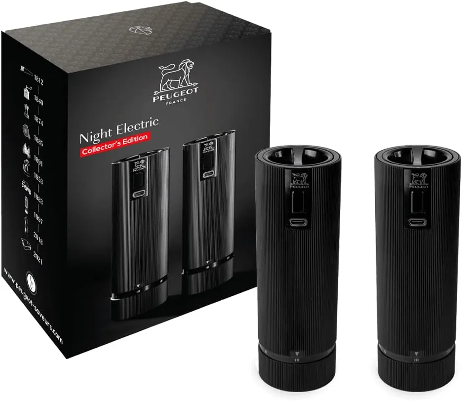 PEUGEOT - Duo Pepper Mill   Salt Mill Electric Rechargeable Line u'Select 15cm - Peppercorns   Salt Gemstone Included - 6 Preset Flour Settings - Aluminium - Colour