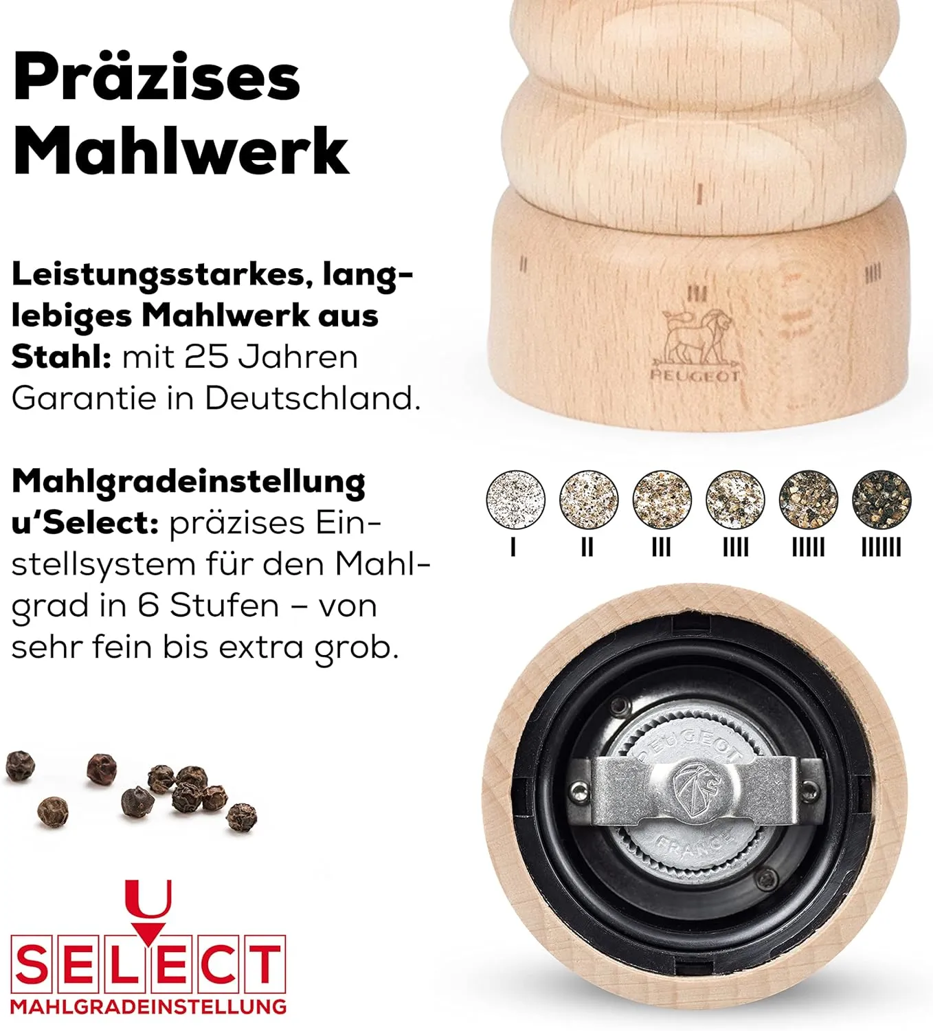 Peugeot - Paris u'Select Manual Pepper Mill - Adjustable Grinder - Beechwood, Natural