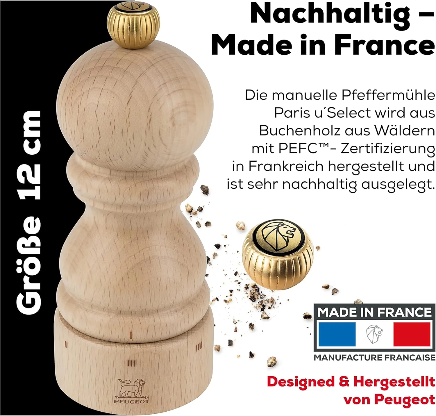 Peugeot - Paris u'Select Manual Pepper Mill - Adjustable Grinder - Beechwood, Natural