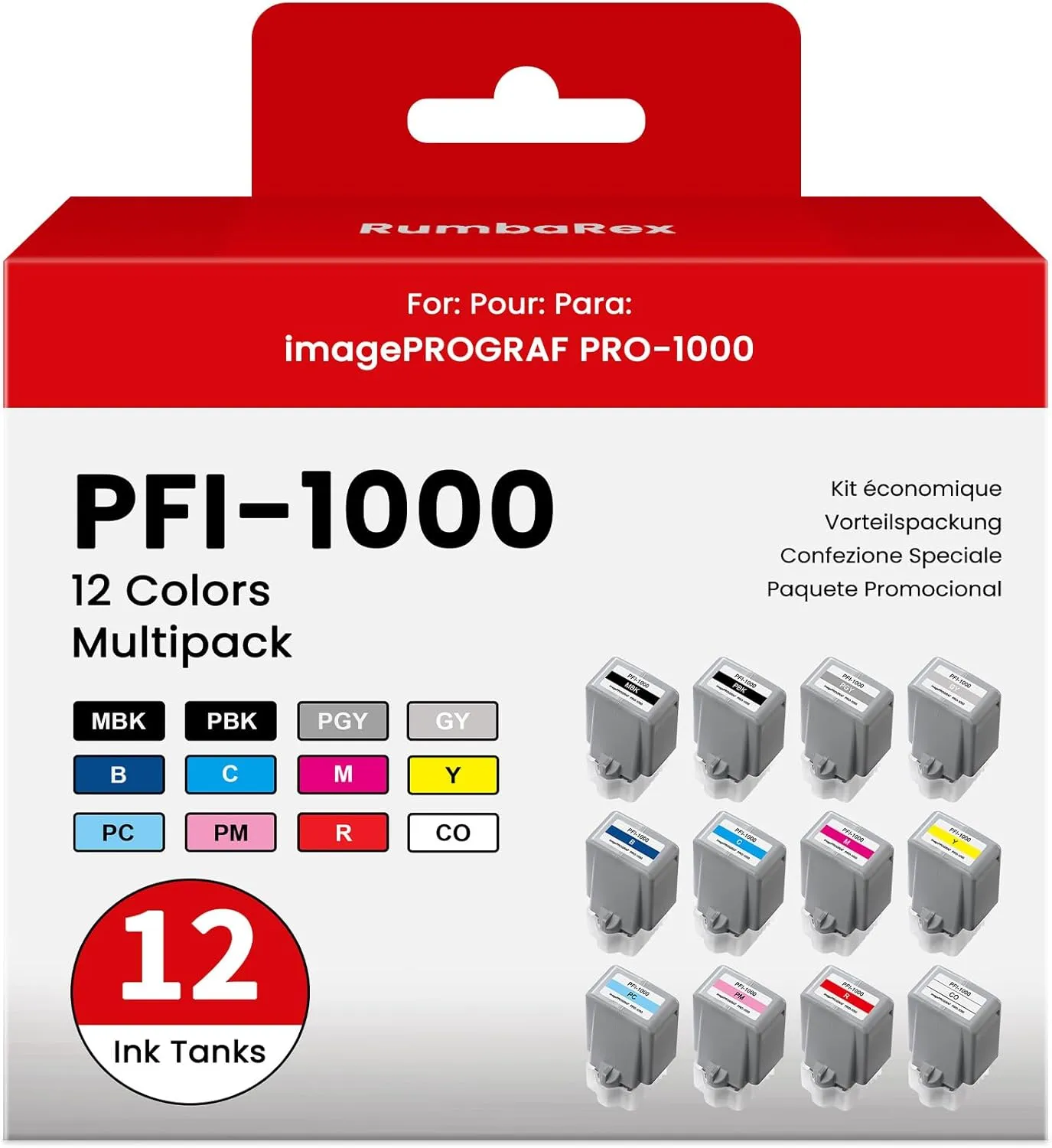 PFI-1000 Ink Cartridge 12 Color Pack (MBK PBK C M Y R GY B PGY PC PM CO) Replacement for Canon PFI-1000 PFI1000 Ink Cartridge Works with ImagePROGRAF PRO-1000 Printer Ink, 80ml