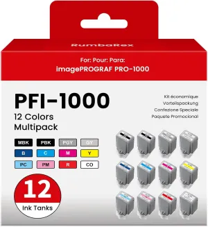 PFI-1000 Ink Cartridge 12 Color Pack (MBK PBK C M Y R GY B PGY PC PM CO) Replacement for Canon PFI-1000 PFI1000 Ink Cartridge Works with ImagePROGRAF PRO-1000 Printer Ink, 80ml
