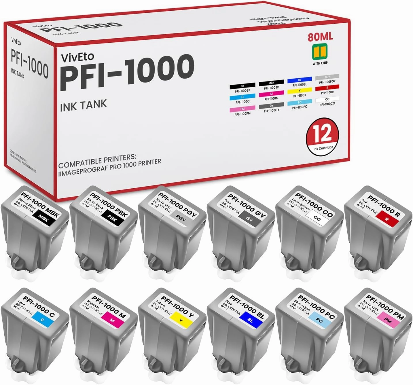 PFI-1000 12 Color Ink Tank with Chip Replacement for Canon Ink Lucia PRO PFI-1000 Ink Cartridge for Canon ImagePROGRAF PRO-1000 Printer Ink, 12-Pack (MBK, PBK, C, M, Y, R, GY, B, PGY, PC, PM, CO)
