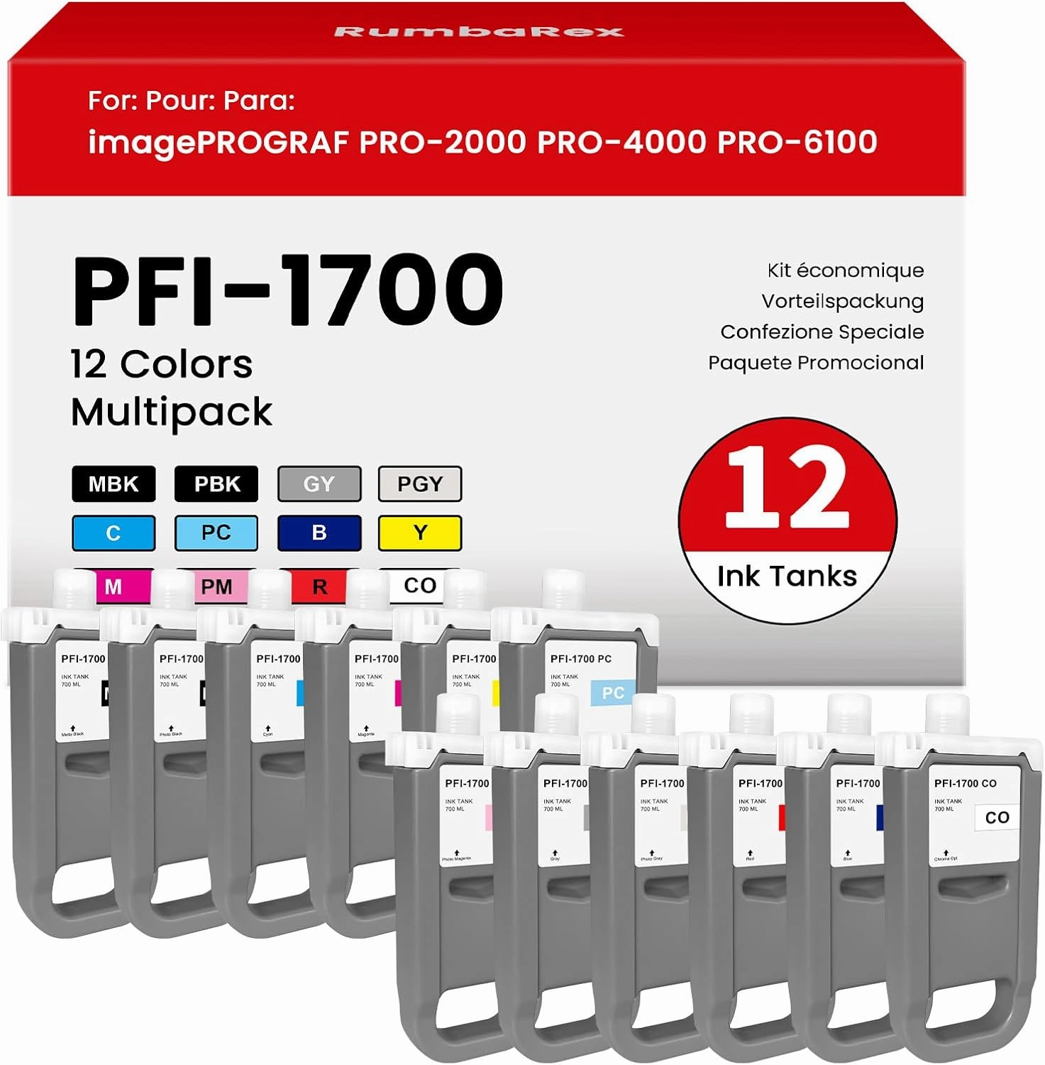 PFI-1700 Pigment Ink Tank 700ml 12-Pack (MBK BK C M Y R GY B PGY PC PM CO) Replacement for Canon PFI-1700 PFI1700 Ink Cartridge imagePROGRAF PRO-2000 PRO-4000 PRO-6000 PRO-2100 PRO-4100 Printer Ink