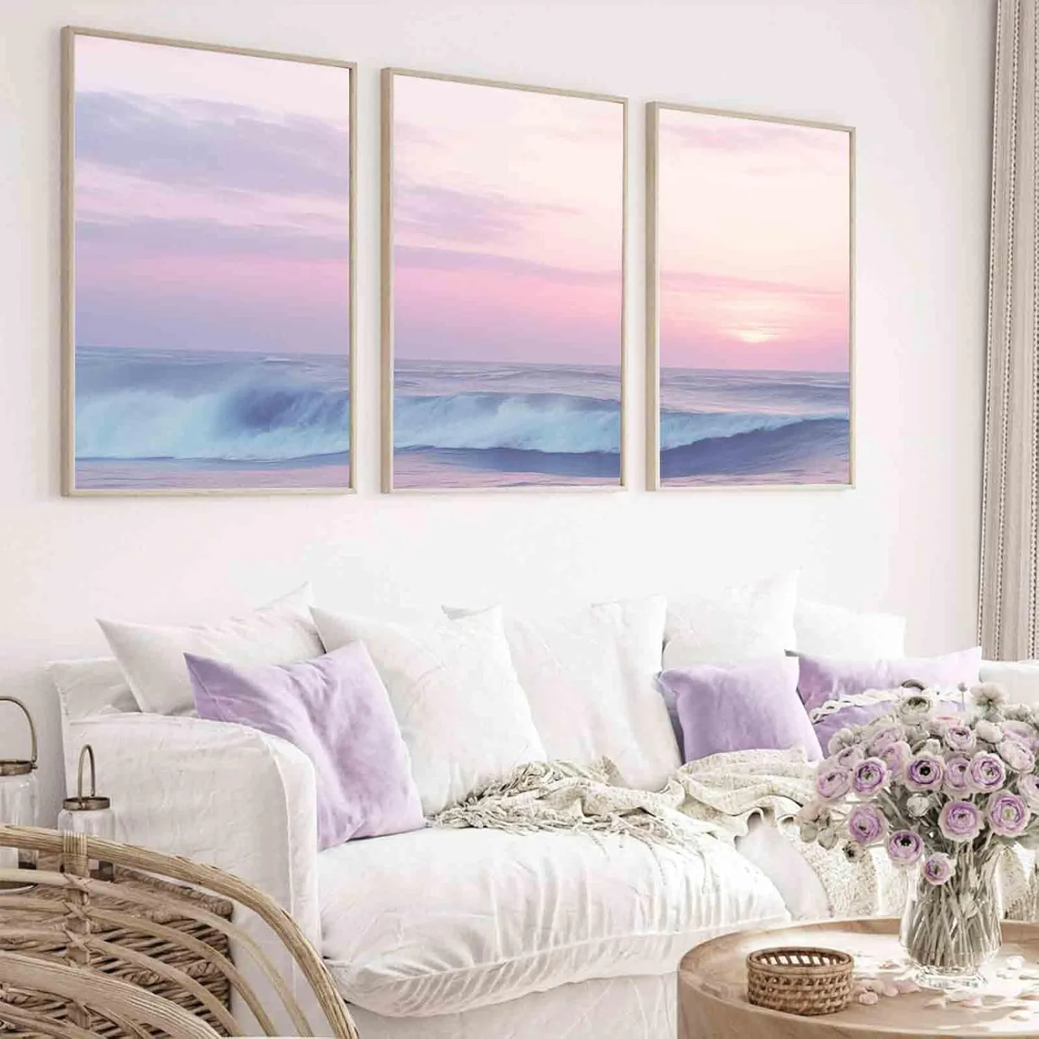Pink Beach Wall Art Ocean Waves Painting Pink Coastal Poster Sunrise Beach Canvas Wall Art Beach Sunrise Picture Pink Sunset Painting Seascape Prints Sunset Landscape Wall Art 16x24inchx3pcs No Frame