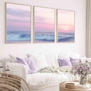 Pink Beach Wall Art Ocean Waves Painting Pink Coastal Poster Sunrise Beach Canvas Wall Art Beach Sunrise Picture Pink Sunset Painting Seascape Prints Sunset Landscape Wall Art 16x24inchx3pcs No Frame