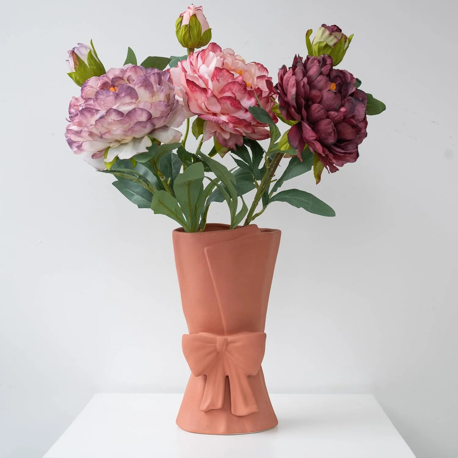 Pink Ceramic Bow Vase 9.64 in Unique Cute Modern Decorative Bouquet Flower Vases for Home Living Room Table Decor Women Girl Gifts