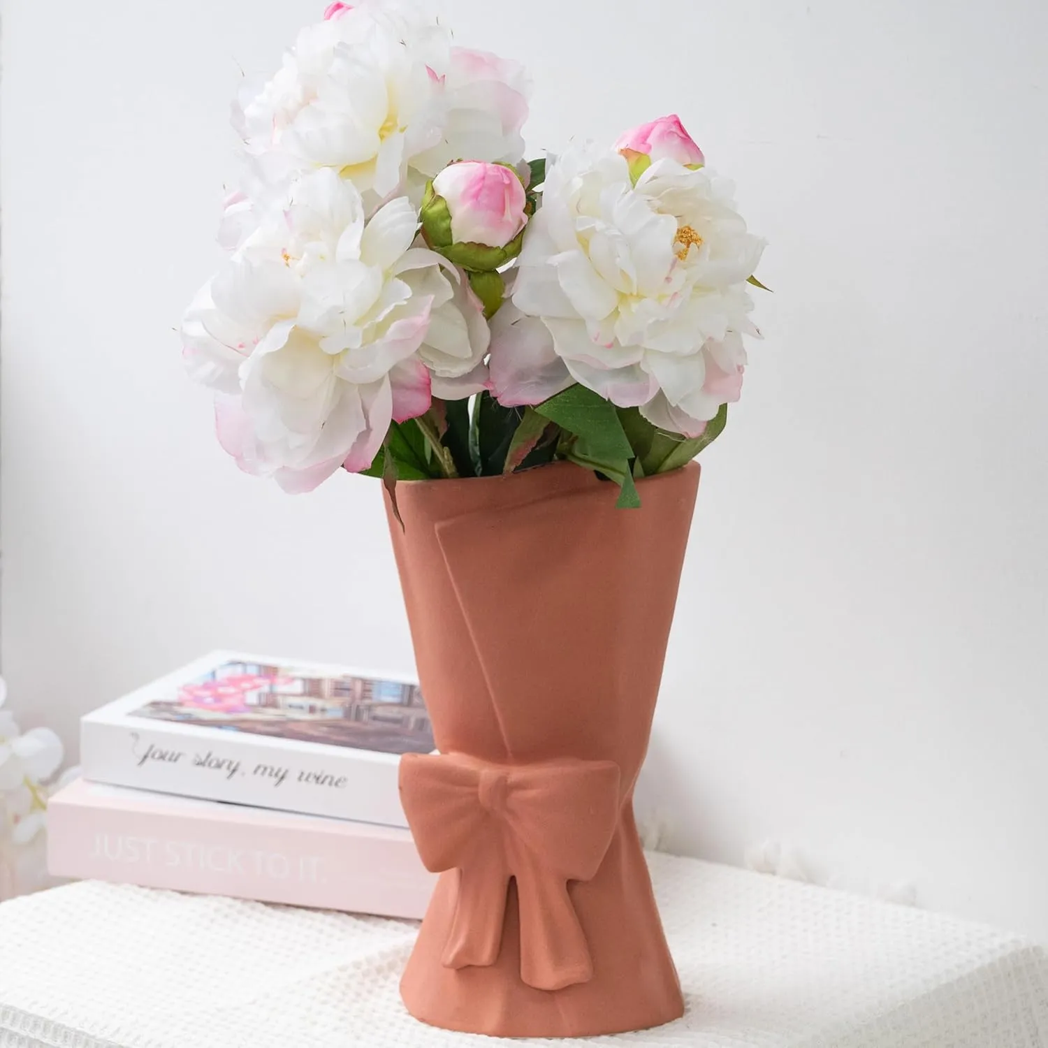 Pink Ceramic Bow Vase 9.64 in Unique Cute Modern Decorative Bouquet Flower Vases for Home Living Room Table Decor Women Girl Gifts