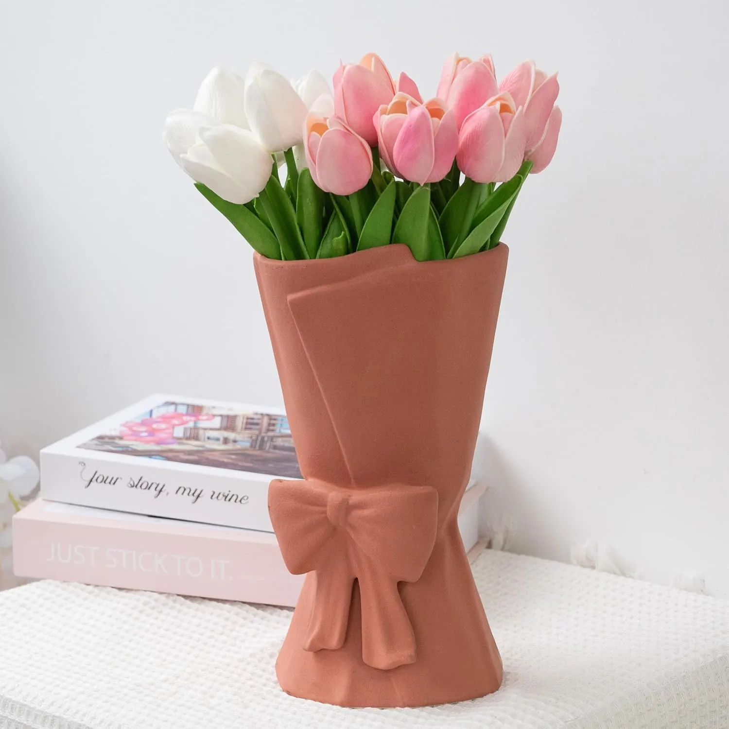 Pink Ceramic Bow Vase 9.64 in Unique Cute Modern Decorative Bouquet Flower Vases for Home Living Room Table Decor Women Girl Gifts
