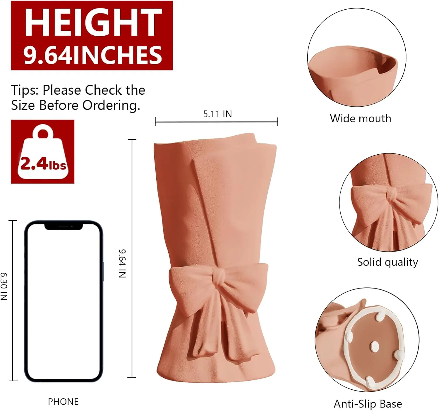 Pink Ceramic Bow Vase 9.64 in Unique Cute Modern Decorative Bouquet Flower Vases for Home Living Room Table Decor Women Girl Gifts