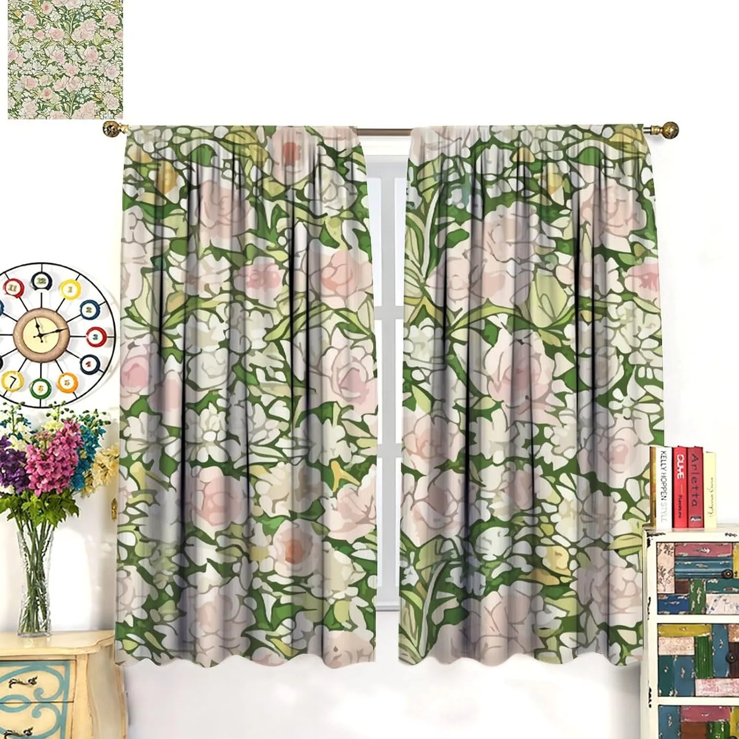 Pink Flower Pattern Kitchen Curtains, Decorative Blackout Rod Pocket Curtain for Girl's Room, Easy Care Window Treatments for Bedroom Living Room 42x63in, Style-2