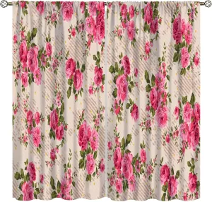 Pink Rose Curtain Set, Blooming English Rose Watercolor Painting Garden Shabby Form Wild Flowers, Lightweight Window Treatment Living Room Bedroom Decor 42x63in, Style-4