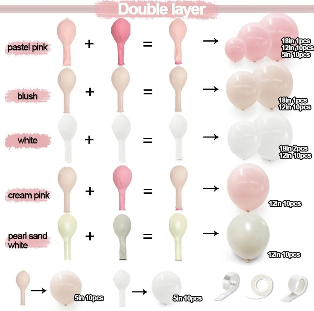 Pink White Balloon Garland Double Stuffed Pink Beige Cream Peach Pastel Balloon Arch Kit Pearl Sand White Balloons for Girl Baby Shower Birthday Wedding Anniversary Party Decoration