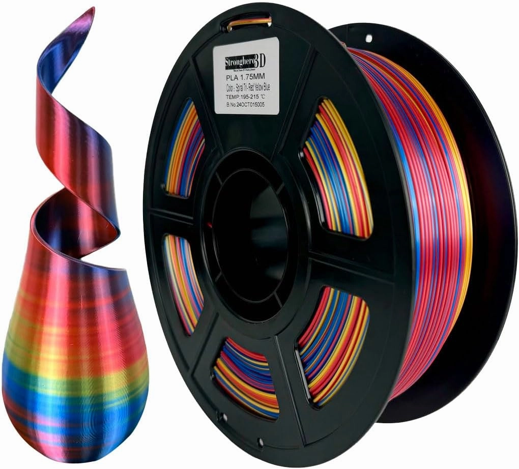 PLA 3D Printer Filament,Spiral PLA Tri-Color Co Extrusion,Red-Yellow-Blue,PLA Silk,Diameter 1.75mm Accuracy  /-0.05mm Net Weight 1kg(2.2lbs)