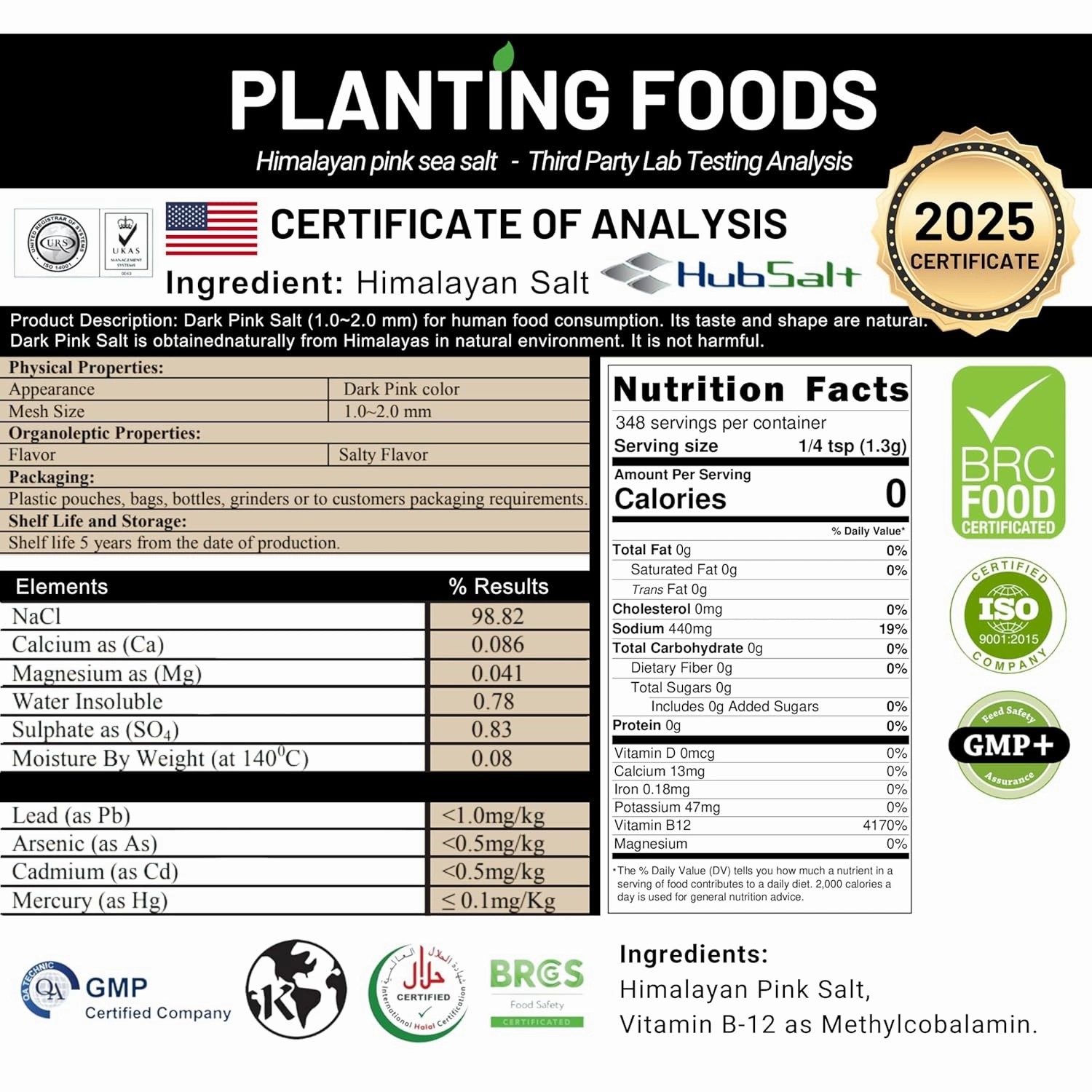 Planting Foods Himalayan Pink Salt with Vitamin B12 | 1lb – 16oz. Fine Grain | 100% Organic & Unrefined Kosher 100%, Vegan, Lab Tested | Unrefined Mineral Salt & Natural Electrolyte Boost