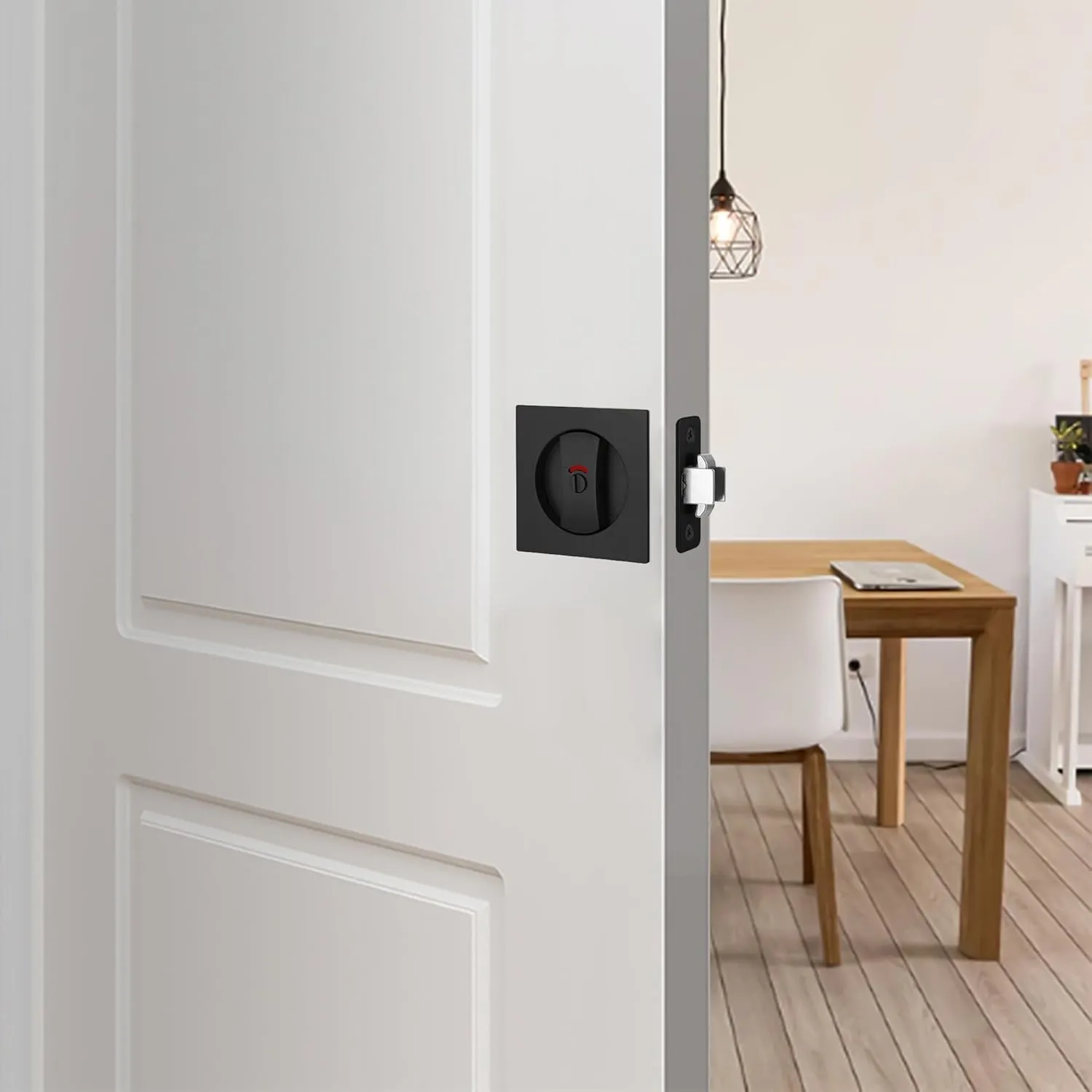 Pocket Door Lock, Matte Black Pocket Door Hardware Square Door Lock with Red-Green Indicators for Privacy Sliding Door Bifold Door Locks and Pulls Handles