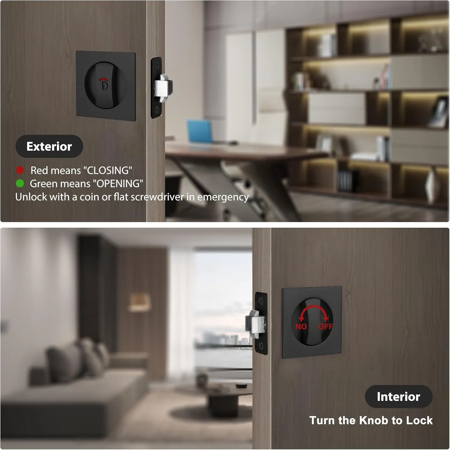 Pocket Door Lock, Matte Black Pocket Door Hardware Square Door Lock with Red-Green Indicators for Privacy Sliding Door Bifold Door Locks and Pulls Handles