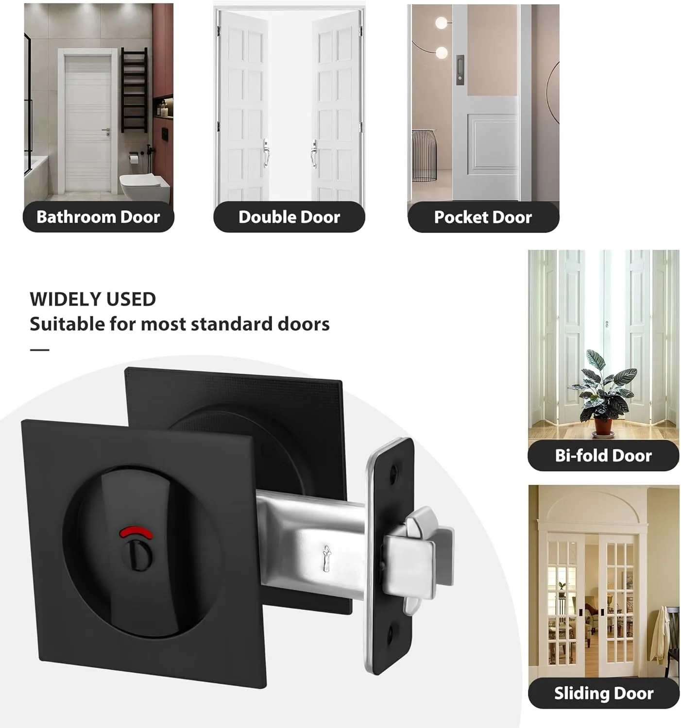 Pocket Door Lock, Matte Black Pocket Door Hardware Square Door Lock with Red-Green Indicators for Privacy Sliding Door Bifold Door Locks and Pulls Handles