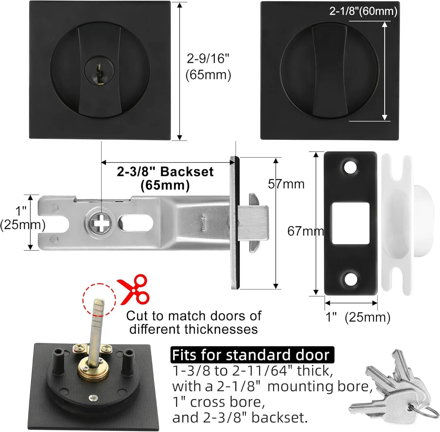 Pocket Door Lock with Key, Matte Black Pocket Door Hardware Square Door Lock for Privacy Sliding Door Bifold Door Locks Pocket Door Pull Handles Replacement Hardware