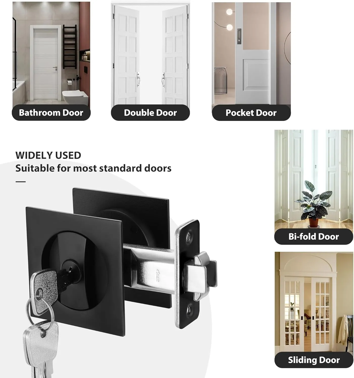 Pocket Door Lock with Key, Matte Black Pocket Door Hardware Square Door Lock for Privacy Sliding Door Bifold Door Locks Pocket Door Pull Handles Replacement Hardware
