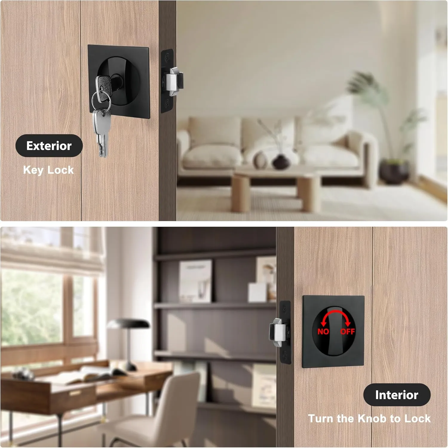 Pocket Door Lock with Key, Matte Black Pocket Door Hardware Square Door Lock for Privacy Sliding Door Bifold Door Locks Pocket Door Pull Handles Replacement Hardware
