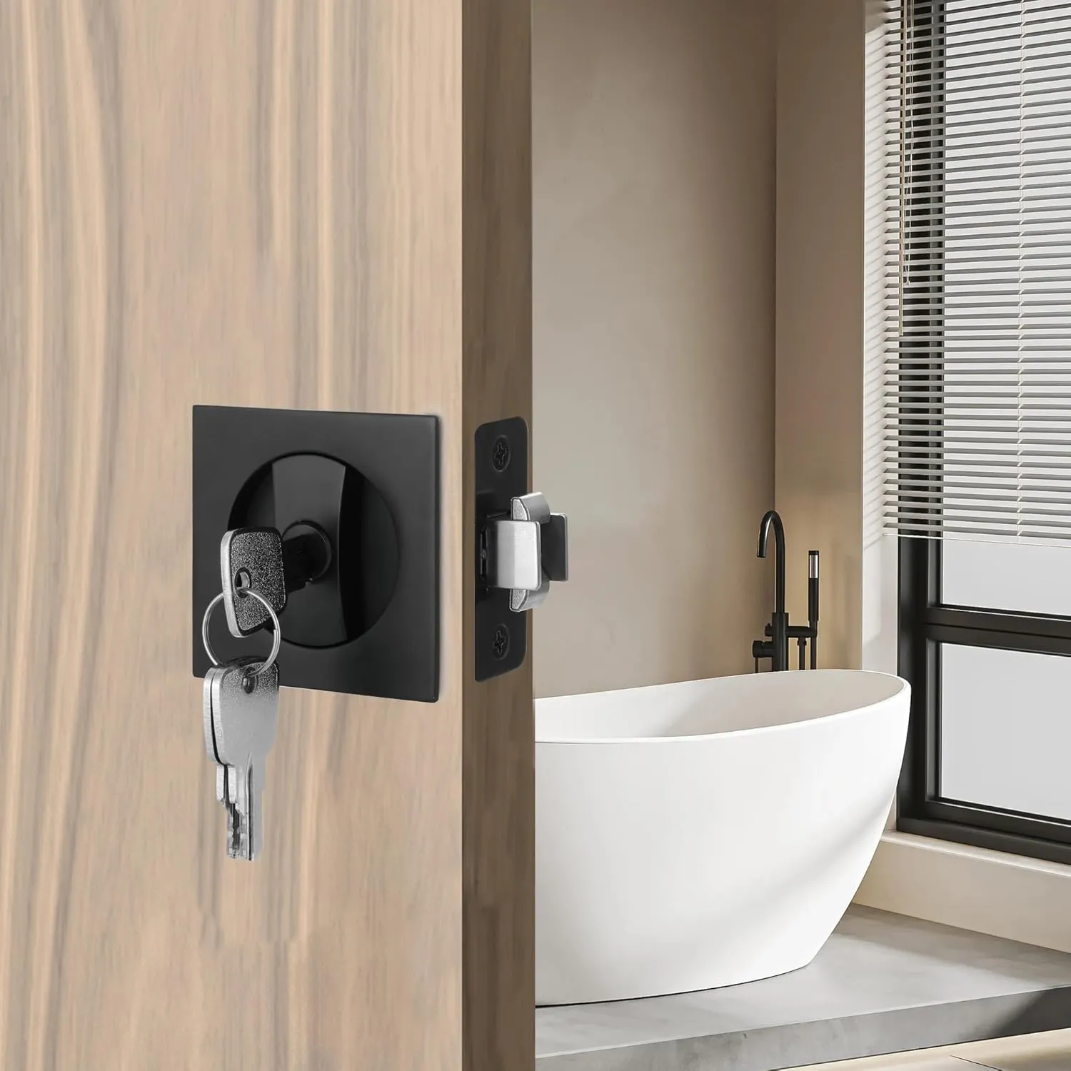 Pocket Door Lock with Key, Matte Black Pocket Door Hardware Square Door Lock for Privacy Sliding Door Bifold Door Locks Pocket Door Pull Handles Replacement Hardware