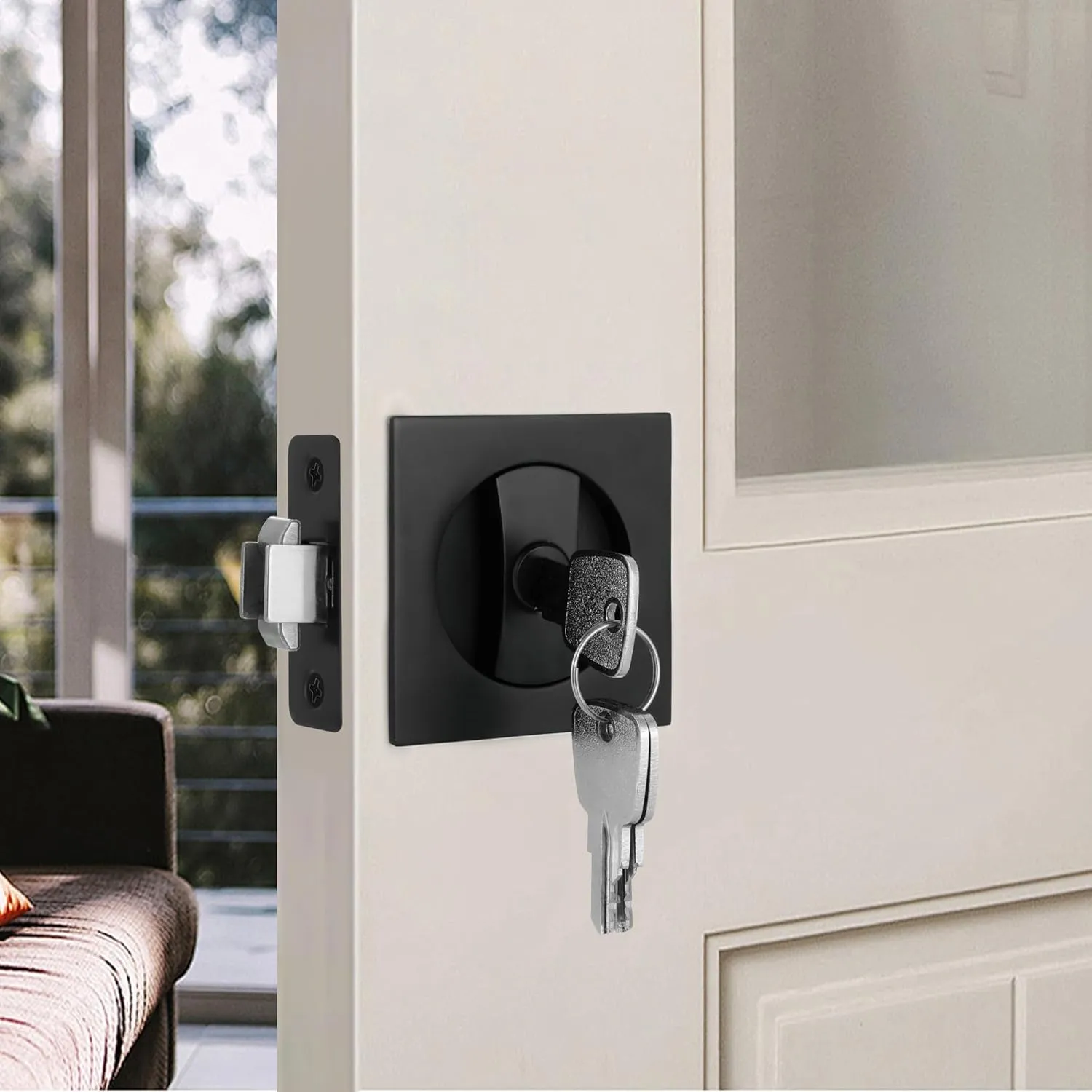 Pocket Door Lock with Key, Matte Black Pocket Door Hardware Square Door Lock for Privacy Sliding Door Bifold Door Locks Pocket Door Pull Handles Replacement Hardware
