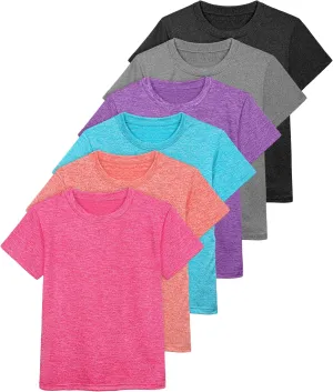 Poroka 6 Pack Girls Athletic Shirts Short Sleeve T-Shirts Crew Neck Dry-Fit Shirts Activewear Tees Tops Casual Shirt