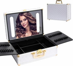 Portable Makeup Case,Cosmetic Box,Beauty Makeup Train Case,with LED Mirror,Travel Makeup Bag Cosmetic Organizer Box with Locks, Brush Holder, Dividers, Rechargeable,Aluminium Alloy, White (White)