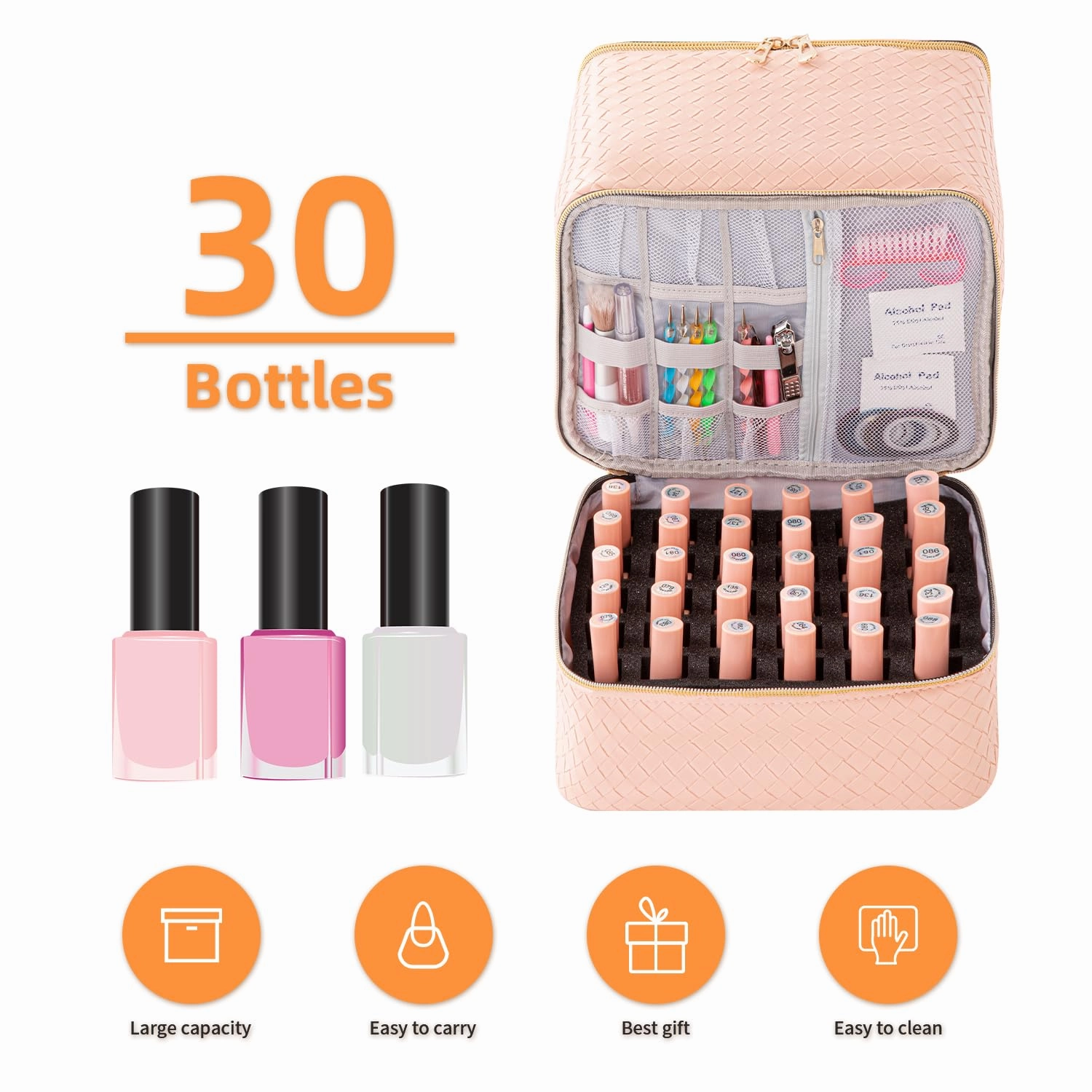 Portable Nail Polish Storage Bag with UV Light Case - Holds 30 Bottles and 1 UV LED Nail Lamp, Double-Layers Nail Dryer Case for Gel Nail Polish Kit, Nail Art Decorations (Woven Pink)