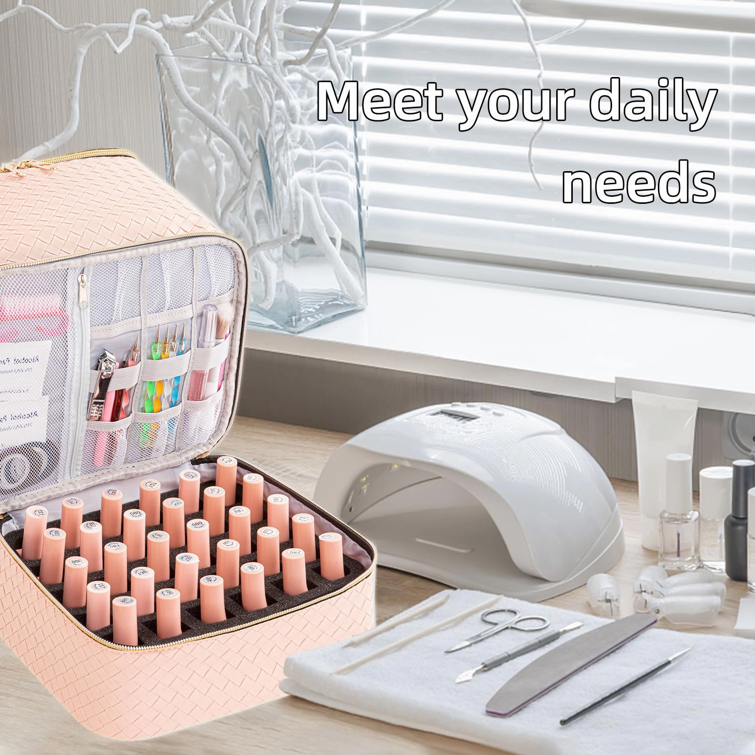 Portable Nail Polish Storage Bag with UV Light Case - Holds 30 Bottles and 1 UV LED Nail Lamp, Double-Layers Nail Dryer Case for Gel Nail Polish Kit, Nail Art Decorations (Woven Pink)