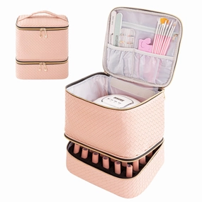 Portable Nail Polish Storage Bag with UV Light Case - Holds 30 Bottles and 1 UV LED Nail Lamp, Double-Layers Nail Dryer Case for Gel Nail Polish Kit, Nail Art Decorations (Woven Pink)