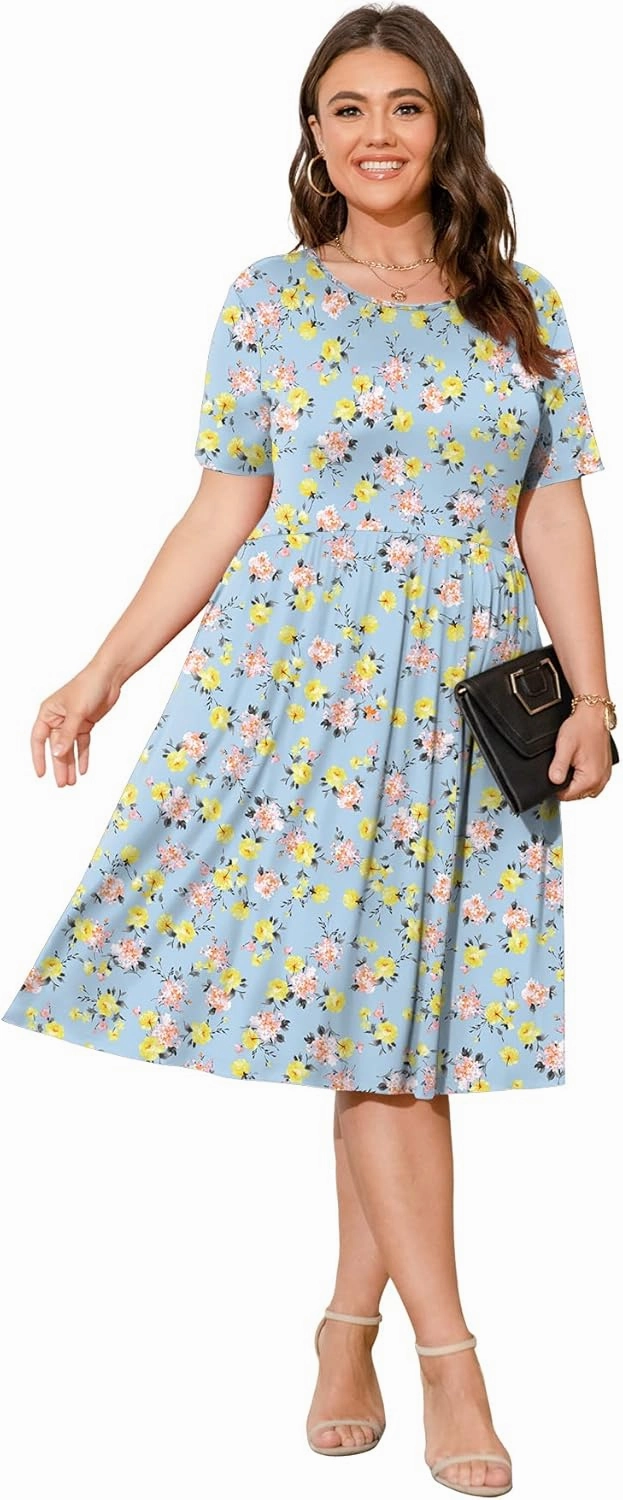 POSESHE Womens Plus Size Summer Dress 2025 Casual Short Sleeve Empire Waist Loose Fit Swing T-Shirt Dress with Pockets