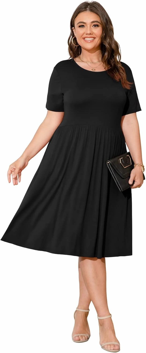 POSESHE Womens Plus Size Summer Dress 2025 Casual Short Sleeve Empire Waist Loose Fit Swing T-Shirt Dress with Pockets
