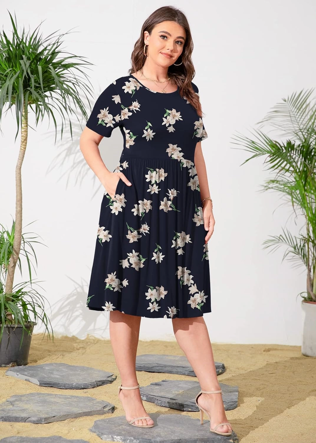 POSESHE Womens Plus Size Summer Dress 2025 Casual Short Sleeve Empire Waist Loose Fit Swing T-Shirt Dress with Pockets