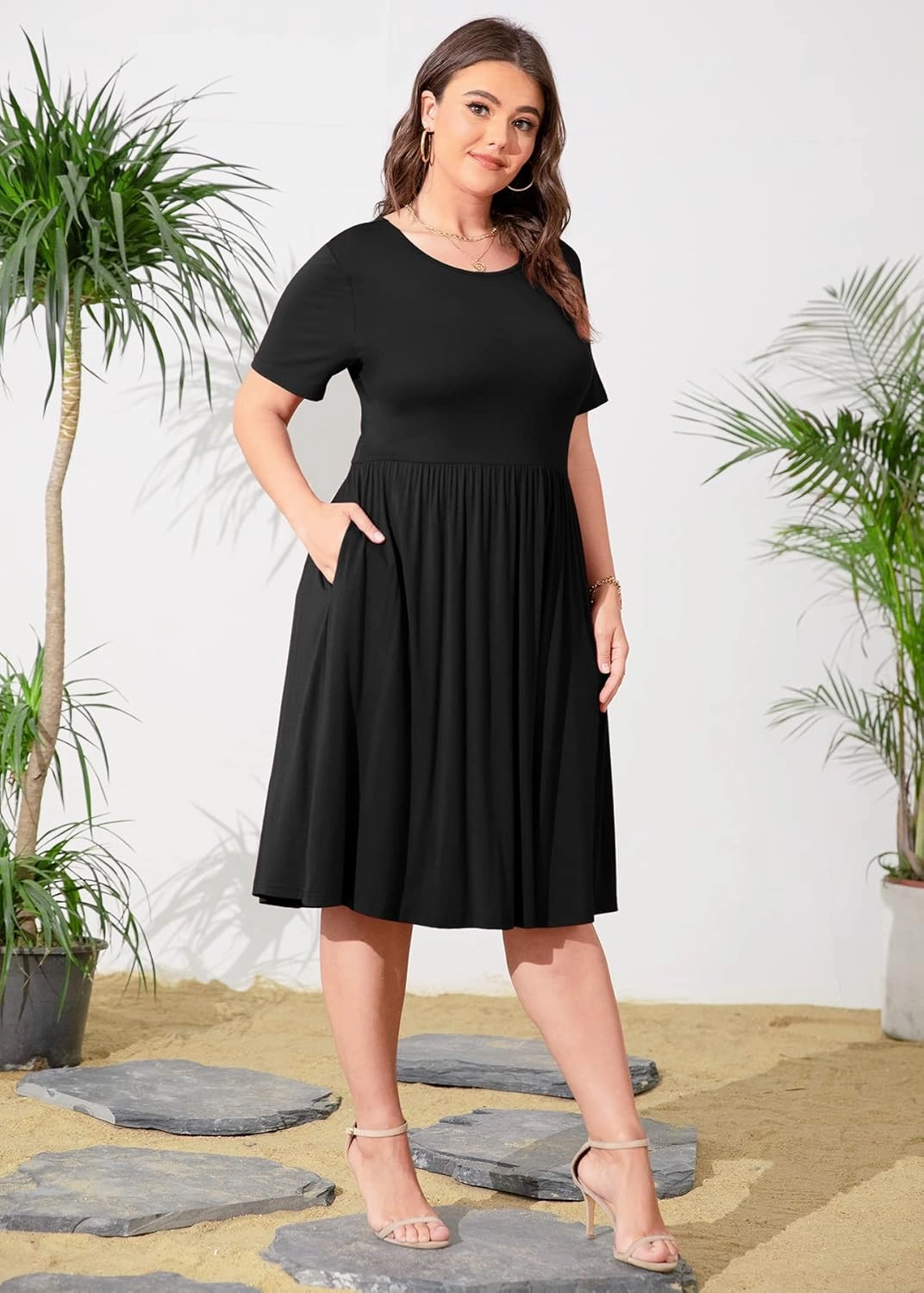 POSESHE Womens Plus Size Summer Dress 2025 Casual Short Sleeve Empire Waist Loose Fit Swing T-Shirt Dress with Pockets